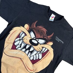 VTG Tasmanian Devil Big Face 1993 Warner Bros 90s Y2K Black T-Shirt‎ Large Rare!
